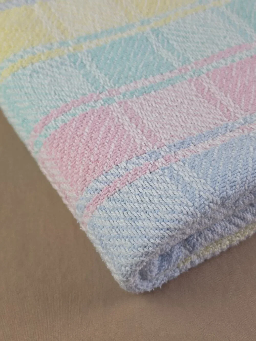 Vtg Beacon Baby Blanket Plaid Pastel Block Woven 100% Cotton Pink Blue Yellow
